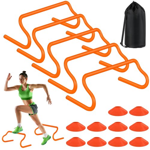 Agility Hurdles Training Equipment - 5 Speed Hurdles and 10 Soccer Cones with Carrying Bag for Soccer, Football, and Track Drills, Ideal for Athletes Speed and Agility Training