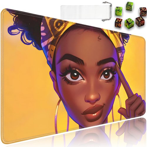 for MTG Game Playmat - 24 x 14 inches with Dices and Storage Bags, Non-Slip Base for TCG and Board Game Card Mats, Trading Card Games Mat, Comics for African-American Girls Collectible Card Playmats