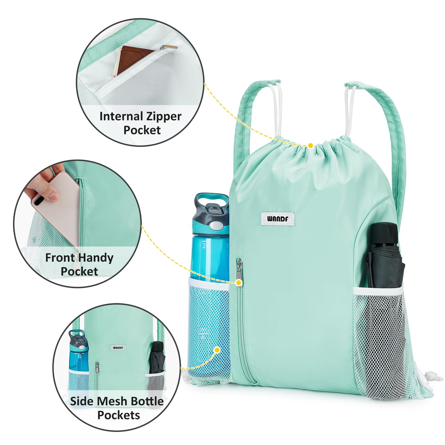 WANDF Drawstring Backpack with Shoulder Pad Sports Gym Backpack with Mesh Pocket String Bag for Women Men(Mint green)