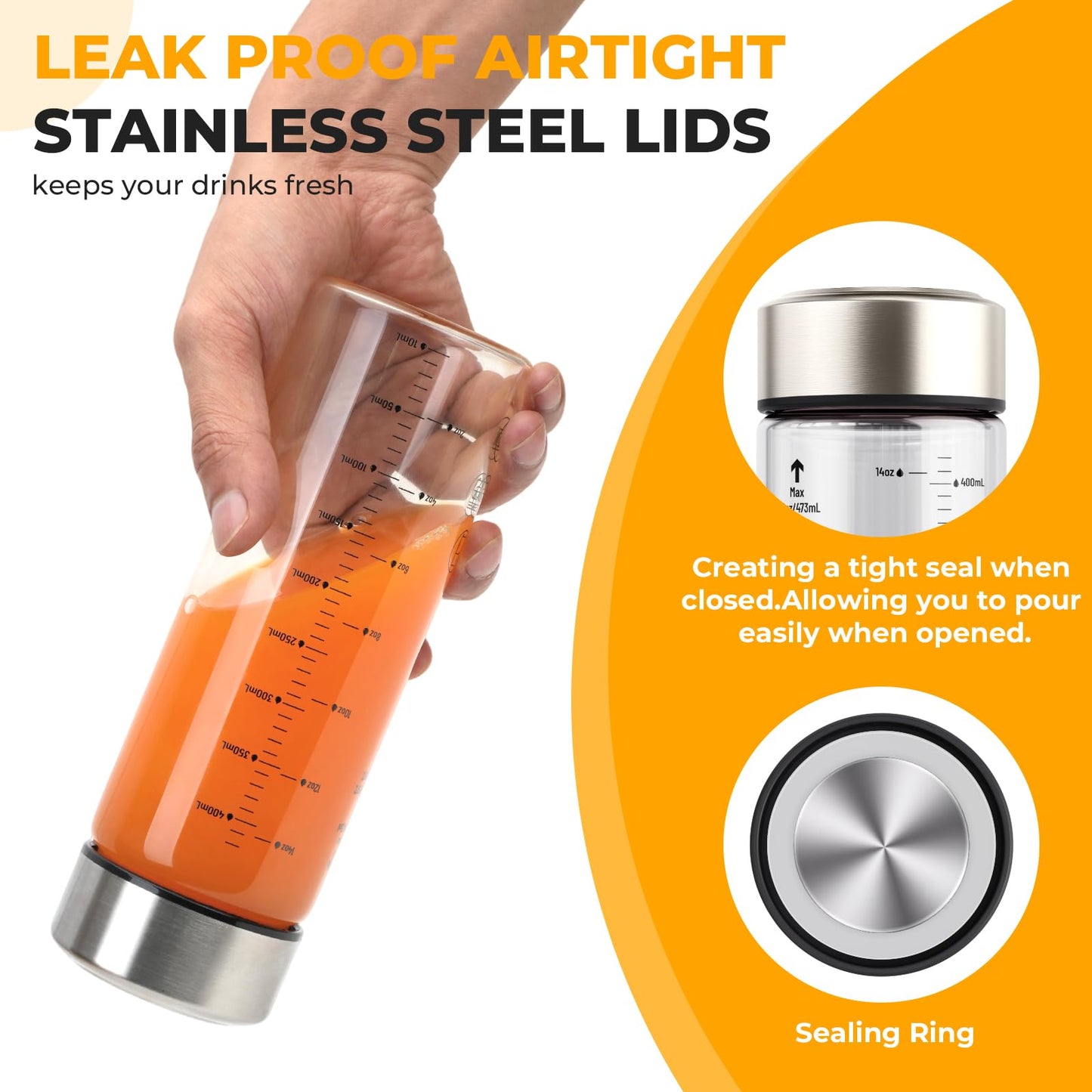 12 oz Glass Juice Bottles – 4 Pack Wide Mouth Bottles with Stainless Steel Lids – Leakproof, BPA Free, Heat-Resistant Borosilicate Glass for Juicing, Smoothies, Milk, Protein, Beverage Storage