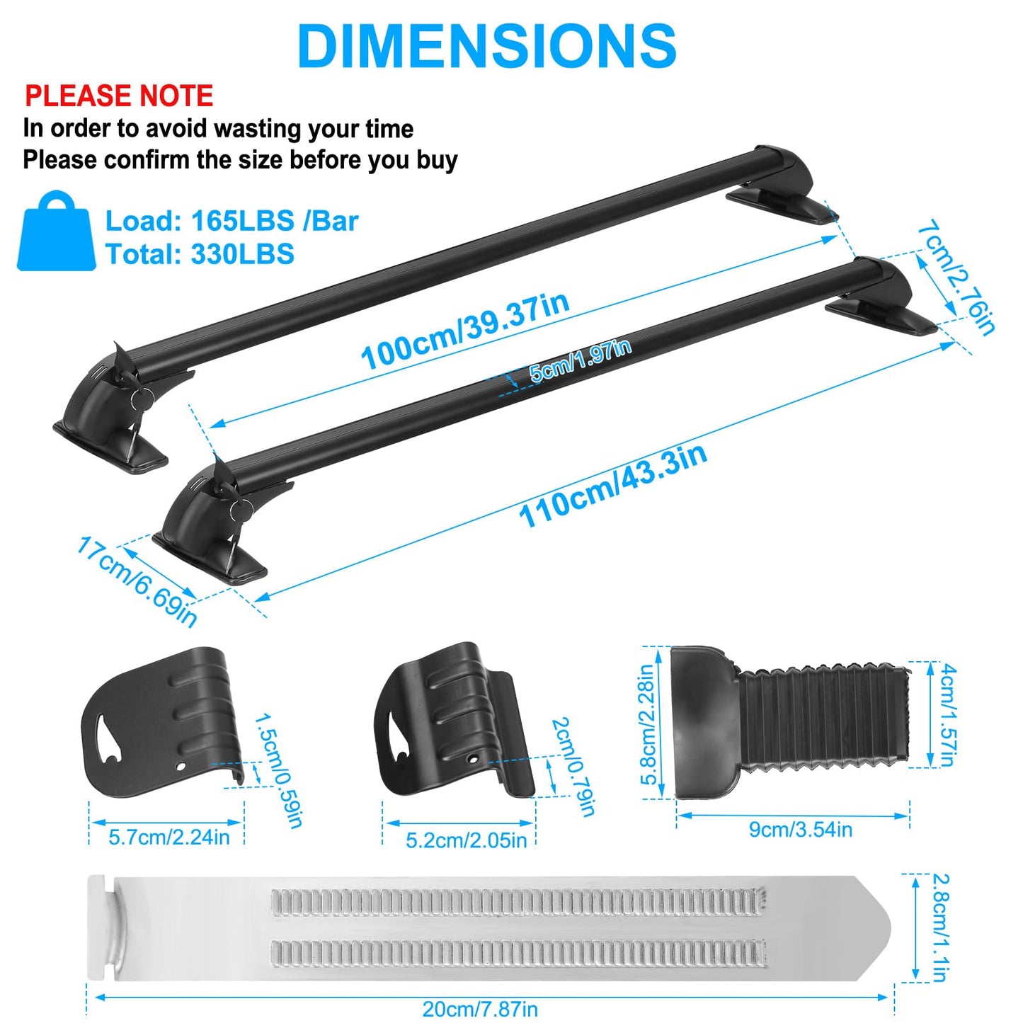 43inch Universal Car Roof Rack, Anti-Theft Lock, Aluminum Rack Cross Bars, Adjustable Window Frame for Bike Kayak Cargo Luggage, 42.91-44.88 inch Distance Between Rain Grooves, 165LBS Load