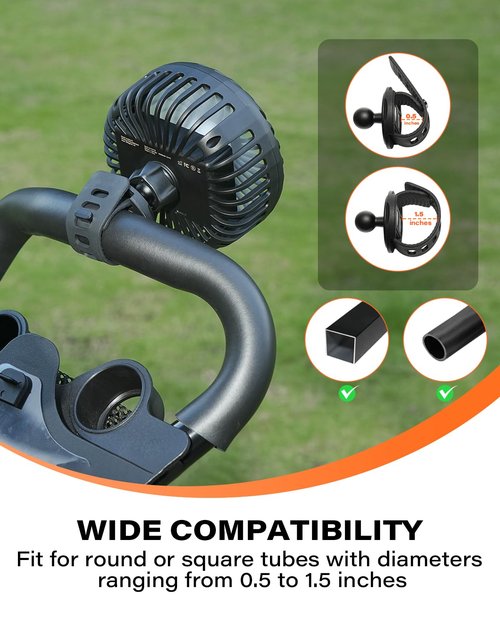 A2C 2-Pack Rechargeable Golf Cart Fan, 3 Speed Settings, 360° Rotation, Portable 4000mAh Battery Cooling Fan for EZGO, Club Car, Yamaha, Forklifts, Lawn Mowers, Fits 0.5"-1.5" Bars (2)