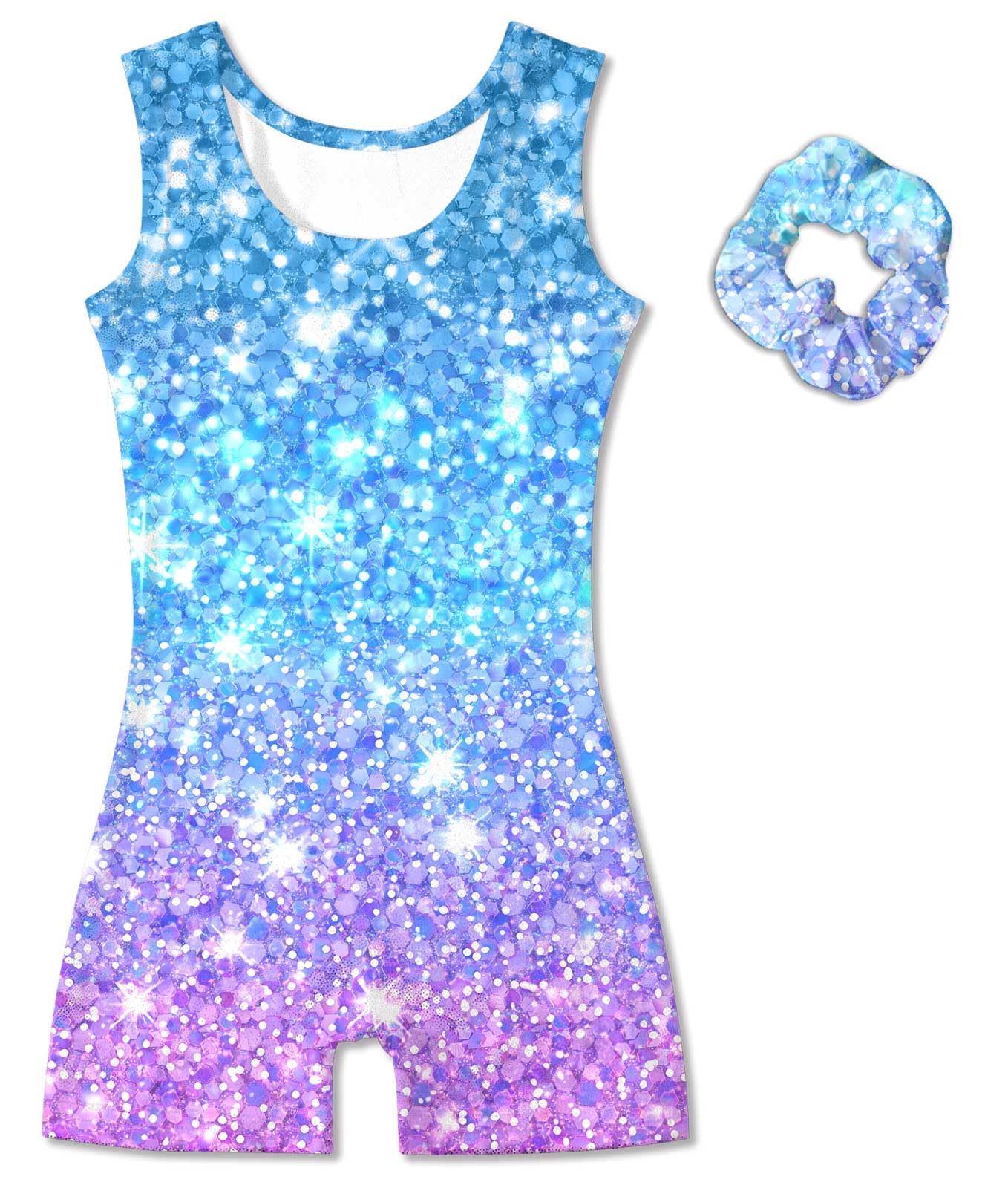 Vogseek Gymnastics Leotards for Girls 9 10 Years Shiny Blue Purple Athletic Outfits with Hair Scrunchie Kids Cute Tank Sleeve Activewear Ballet Dance Unktards,Blue Purple