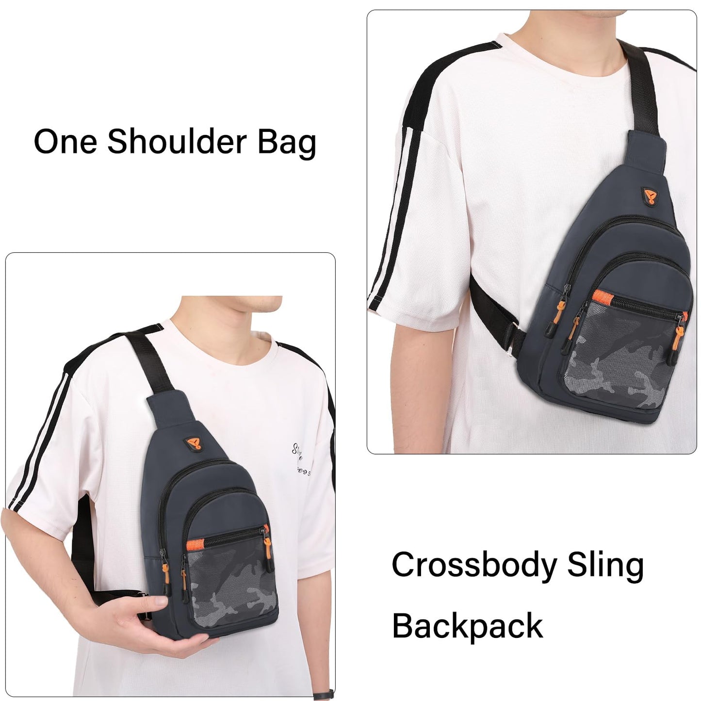MOSISO Small Sling Backpack Crossbody Sling Bag, Lightweight Hiking Daypack Shoulder Chest Bag with Camouflage Front Pocket, Gray