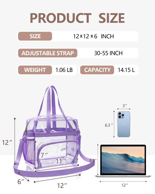 Lyingflat Clear Bag for Stadium Events 12x12x6 Clear Tote Bag with Large Front Pocket Removable Strap for Work Sports Concert