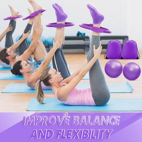 Poen 18 Pcs Pilates Ring Circle Set for Women Yoga Sets with Pilates Ring Circle Ball 5 Resistance Band Stretching Strap Non Slip Socks Ball Core Sliders Wristbands Headband Gym Bag(Purple)