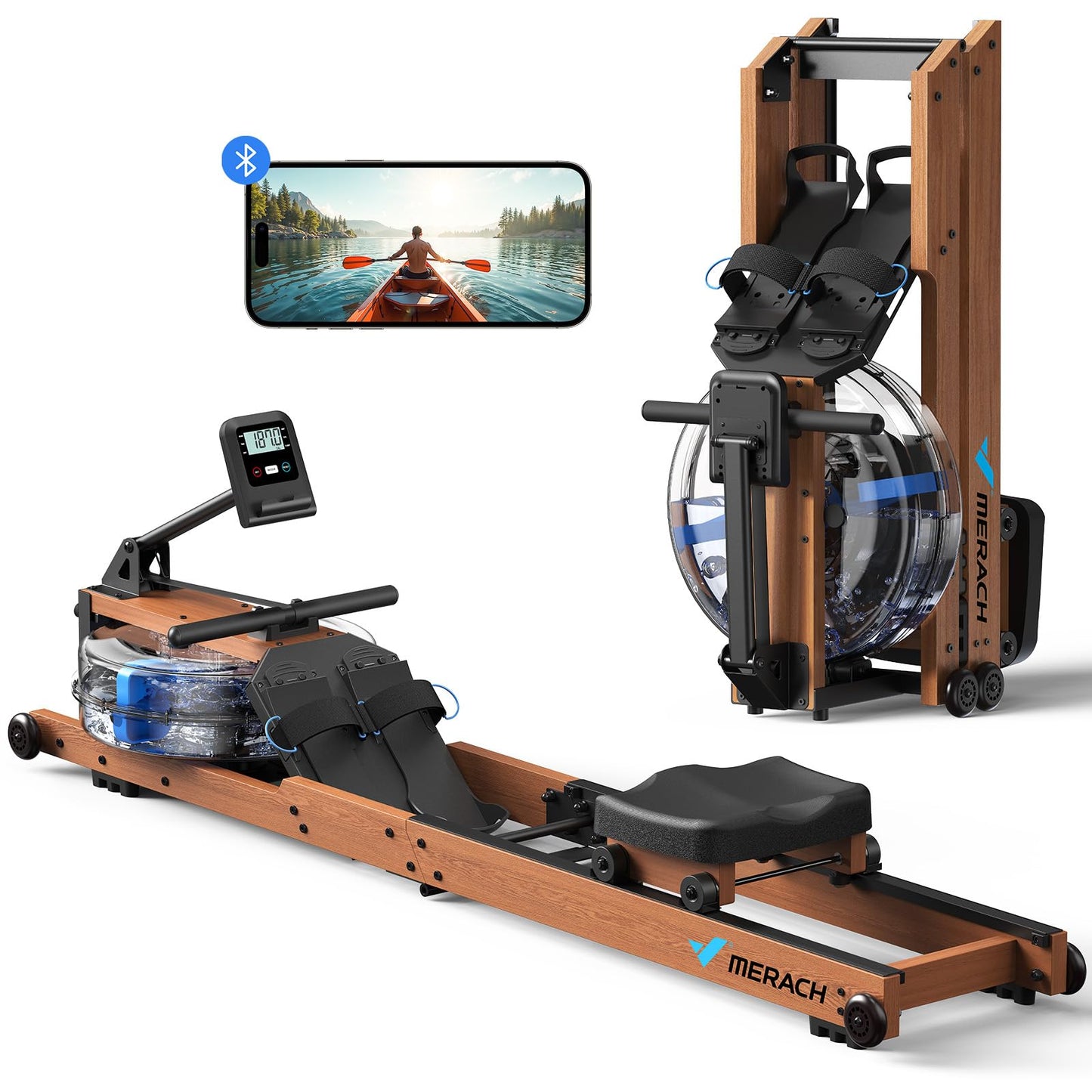 MERACH Water Rowing Machines for Home use, Foldable Rower Machine with 400LBS Weight Capacity, Dedicated Monitor and Comfortable Seat, Free MERACH App for Immersive Water Rower