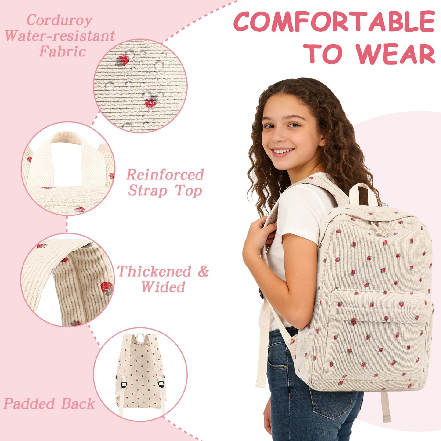 Bluboon Backpack for School Girls Women, Cute Corduroy Laptop Bookbag for Kids Teens, Durable Girls Lightweight Backpack