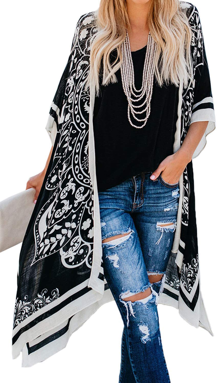 Summer Tops for Women Kimono Cardigans Plus Size Boho Bathing Suit Coverups(08-Black Boho,S)