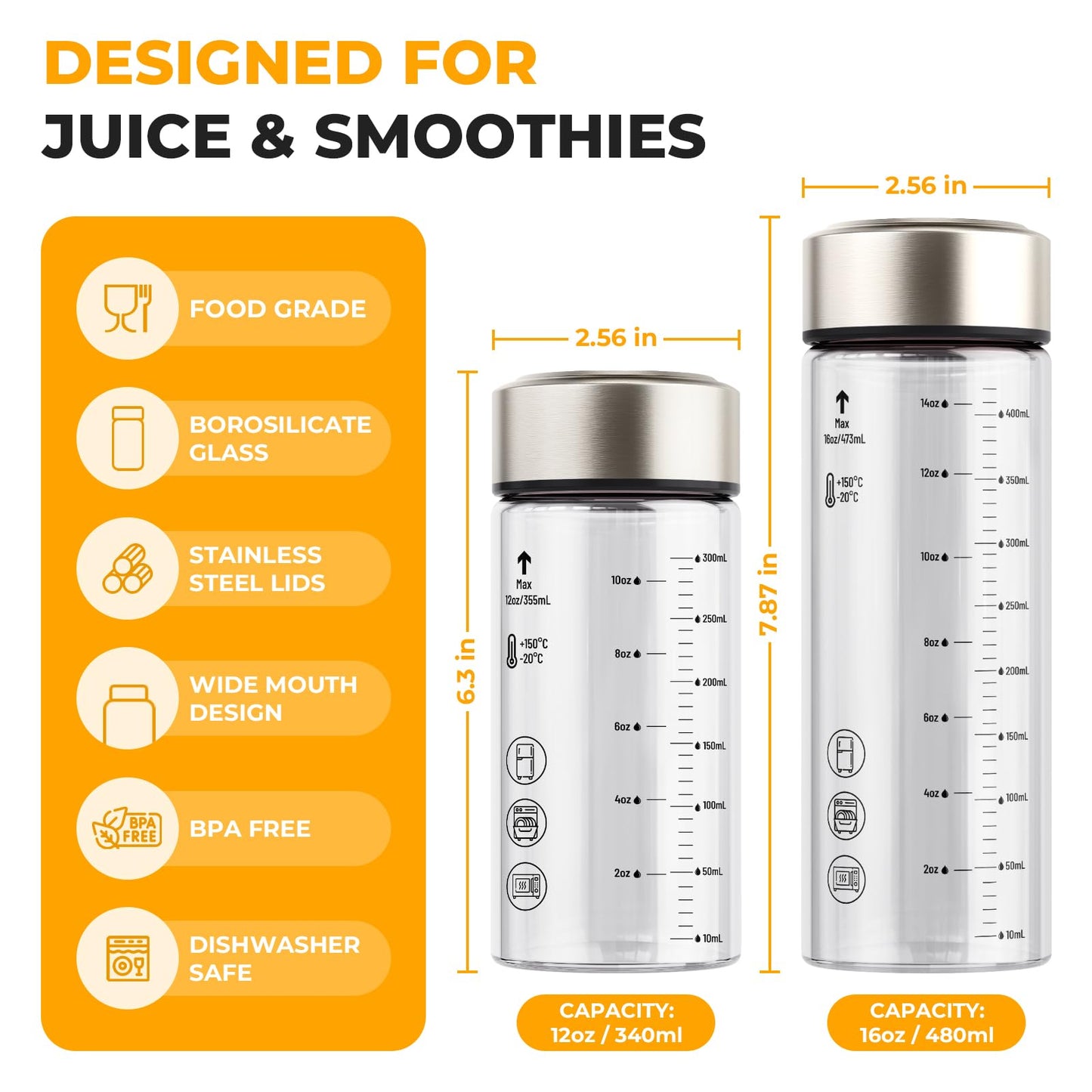 12 oz Glass Juice Bottles – 4 Pack Wide Mouth Bottles with Stainless Steel Lids – Leakproof, BPA Free, Heat-Resistant Borosilicate Glass for Juicing, Smoothies, Milk, Protein, Beverage Storage
