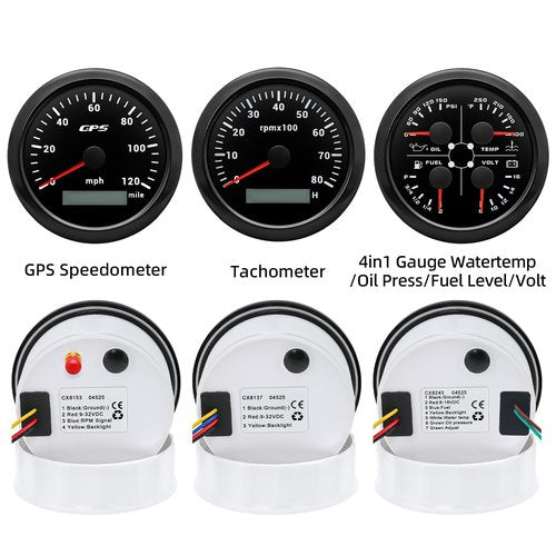ARTILAURA Boat AUTO 3 Gauge Set- GPS Speedometer, Tachometer,4in1 Fuel Level/Water Temperature/Oil Pressure/Voltmeter, 85mm 7 Color Marine Gauges Kit (All Black)
