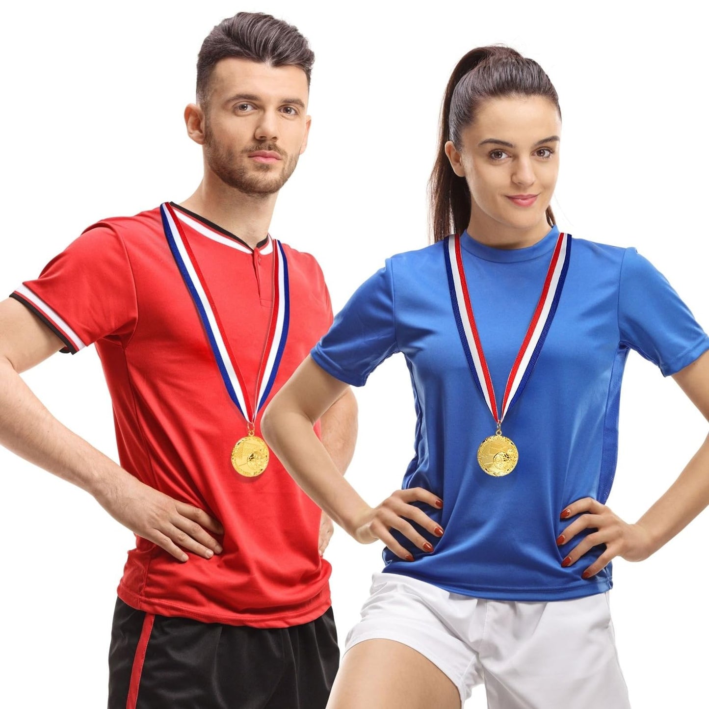Juvale Soccer Medals - 12-Pack, 2-Inch Gold Zinc Alloy with 15.5-Inch Red, White & Blue Ribbons - Soccer Party Favors, Trophy Award - 1st Place Medals