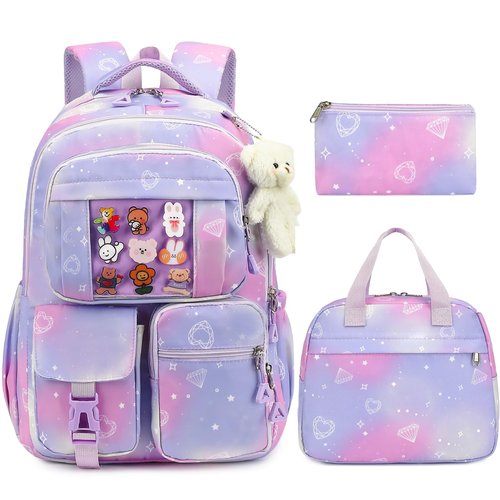 HuiLeo Kids Backpack for Girls Cute School backpack with Lunch Box Kawaii Book Bag Set for Primary Elementary School,Purple