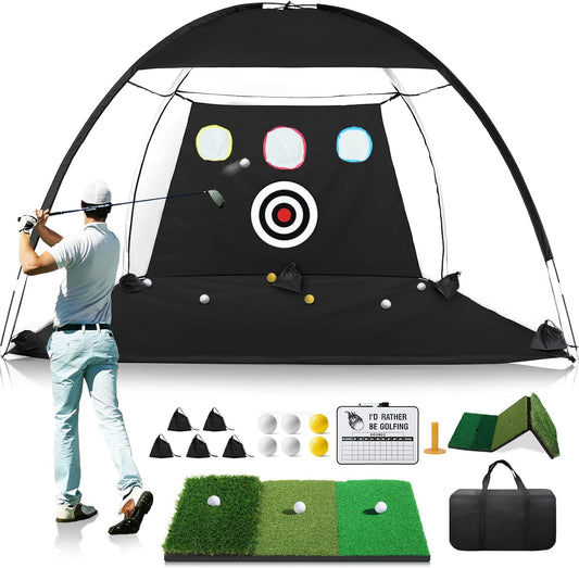 10x7FT Golf Net with Foldable Tri-Turf Practice Mat, All-in-1 Golf Hitting Aid with Scoreboard & Target, Chipping Training Nets for Backyard Driving, Ideal Gifts for Men Dad Husband Boys