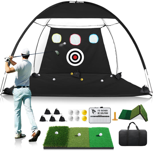 10x7FT Golf Net with Foldable Tri-Turf Practice Mat, All-in-1 Golf Hitting Aid with Scoreboard & Target, Chipping Training Nets for Backyard Driving, Ideal Gifts for Men Dad Husband Boys