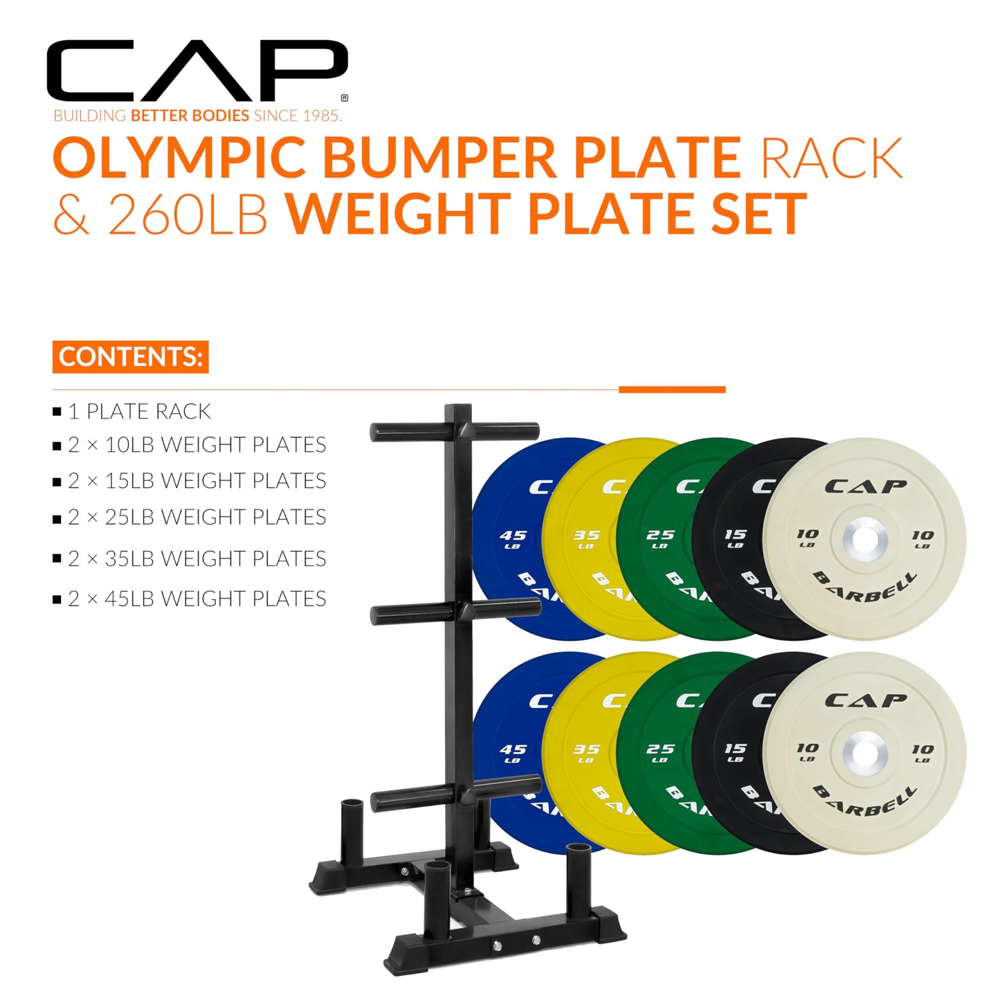 CAP 260lb Competition Olympic Bumper Plate Set with Storage Rack