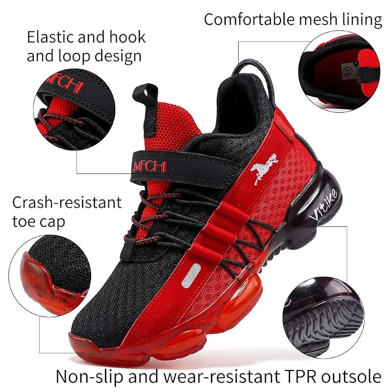 Kids Sneakers Running Shoes Boys Girls Knitted Mesh Elastic Lace Black/Red-8100+8