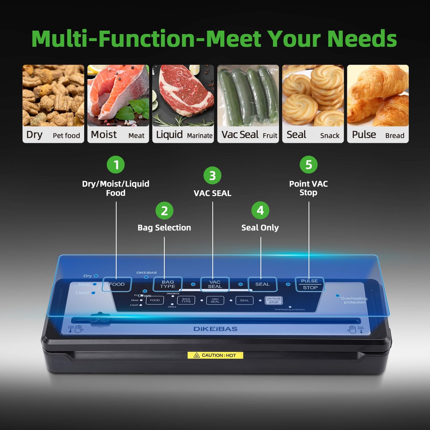 DIKEIBAS Vacuum Sealer Machine | Powerful 85kPa Suction | Bags and Cutter Included | Compact One-Touch Automatic Food Sealer with External Vacuum System | Preserve Freshness, Prevent Freezer Burn