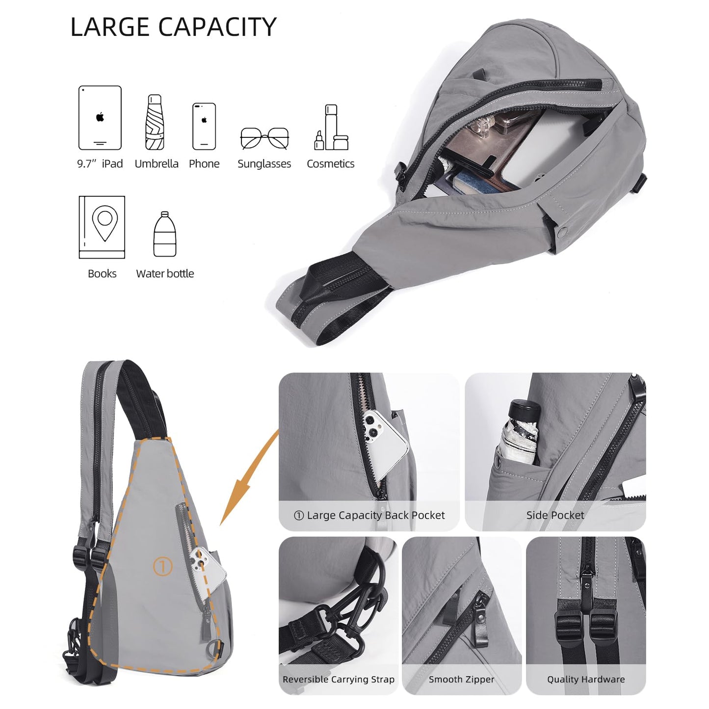 KL928 Crossbody Sling Backpack Nylon Cross Body Bag Travel Hiking Shoulder Bags Daypack Rucksack Unisex (Grey)