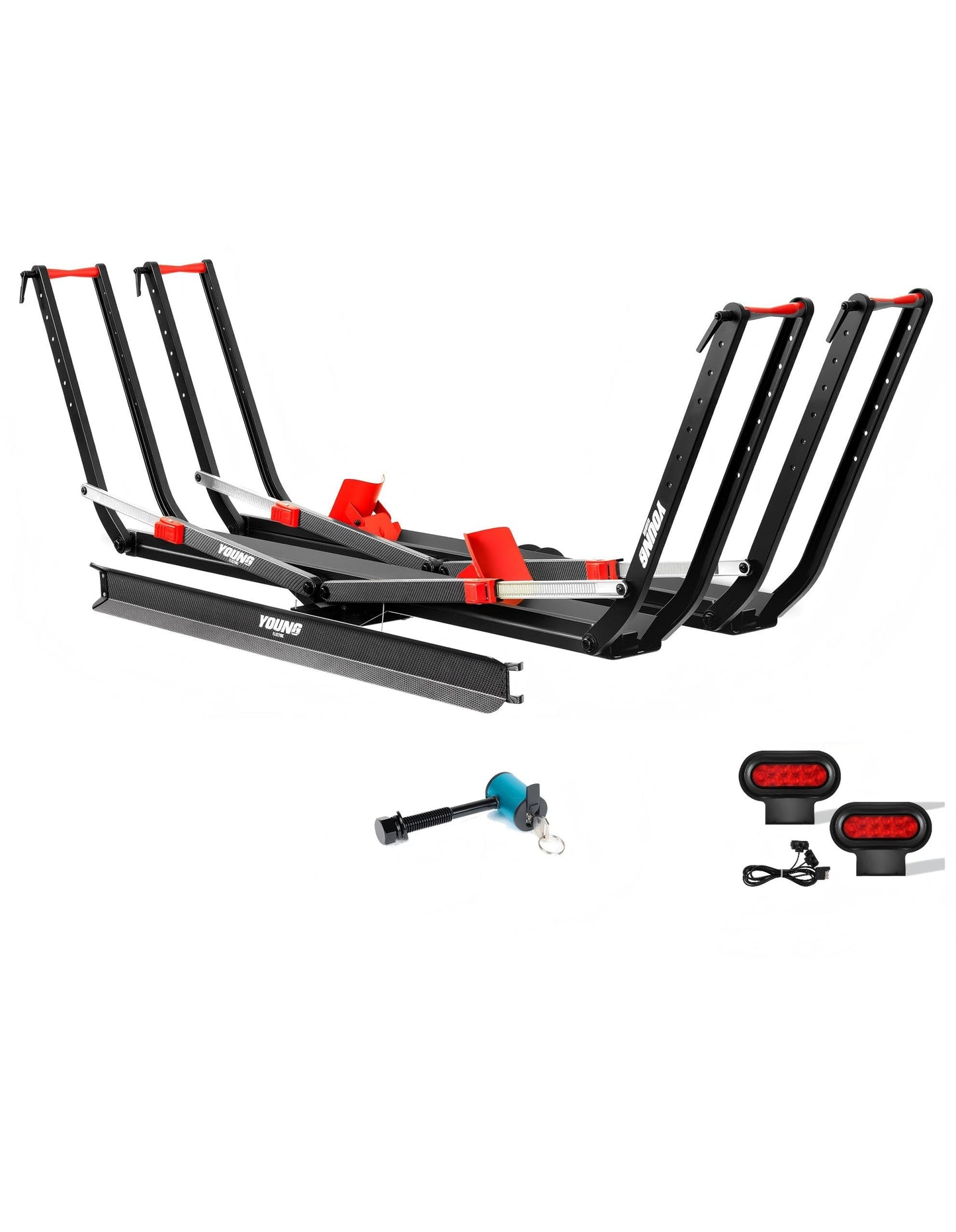 Young Ebike Rack & Brake Light Bundle, 2-Bike Hitch Mount Platform with Ramp, Fits Fat Tire up to 5", Foldable Carrier for Car SUV Truck RV, Waterproof LED Tail Light Kit, FMVSS108 Certified