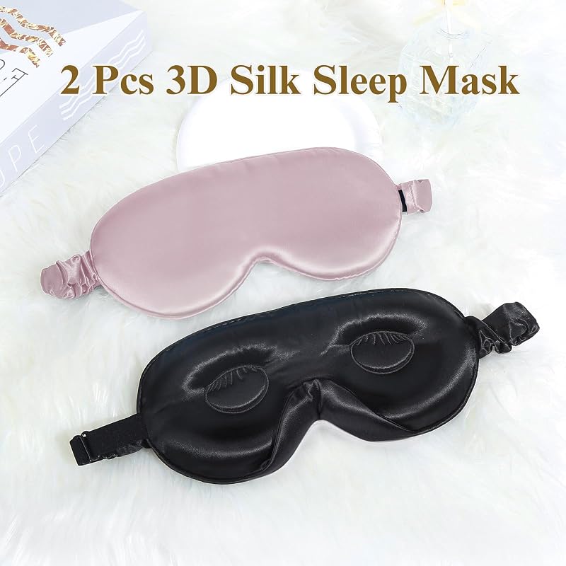 22 Momme Silk Sleep Mask 2-Pack, 3D Contoured Eye Masks for Women & Men - Black & Pink