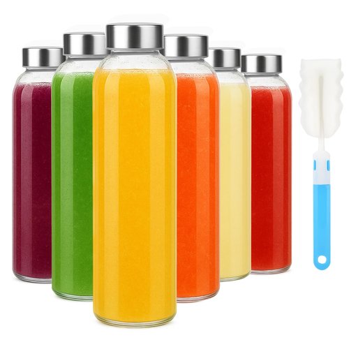 Sursip 18oz Glass Water Bottle Set of 6, Clear glass juice bottle for juicing，Reusable Drinking Bottles with Stainless Steel Lid，Beverage Storage Containers for Refrigerator-BPA Free，Leak Proof
