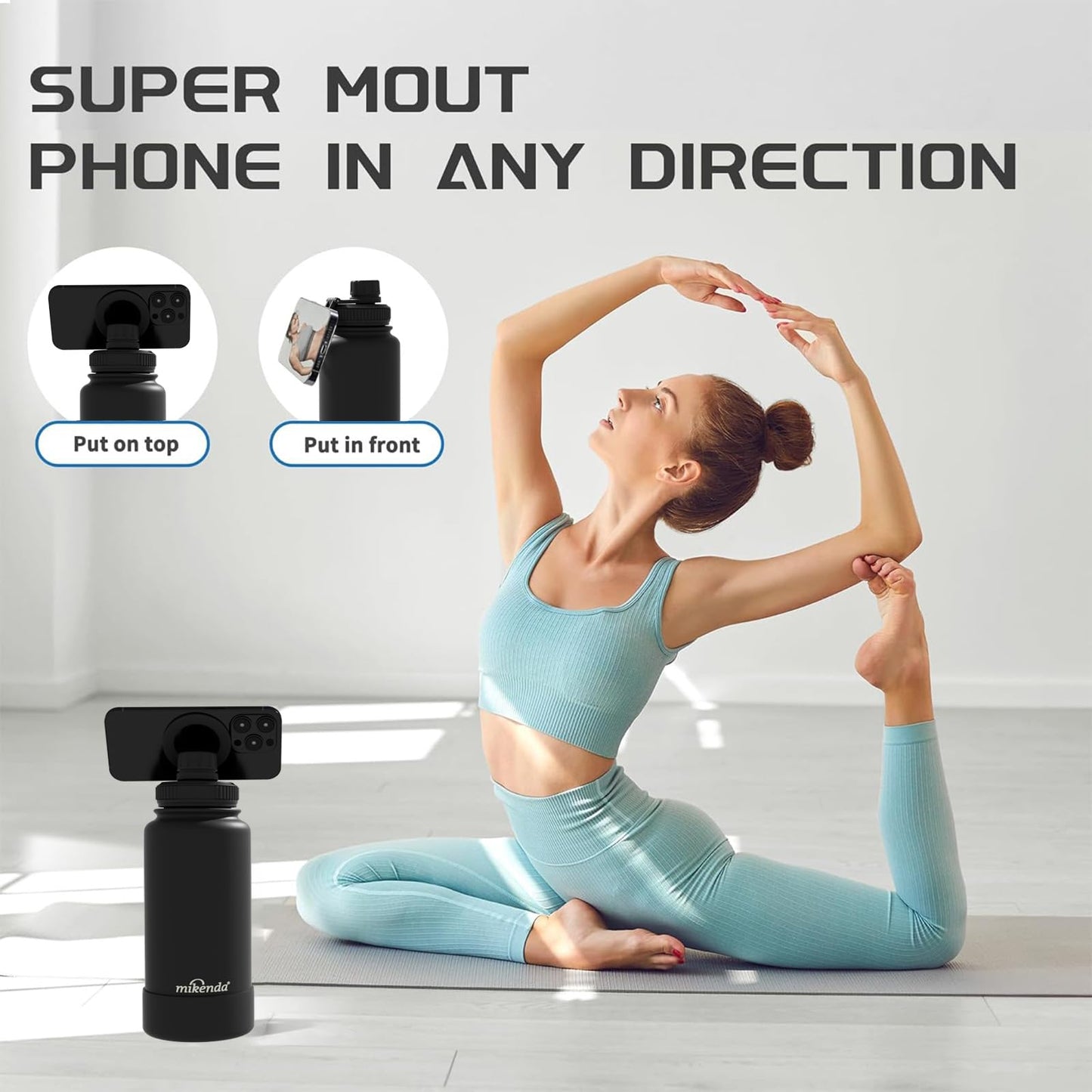 Mikenda 32oz Insulated Tumbler with Magnetic Phone Holder, Gym Water Bottle | Leak Proof Lid, 24hr Cold & 12hr Hot, Non-Slip Base | Travel Mug, Reusable & Eco-Friendly (black, 32, ounces)