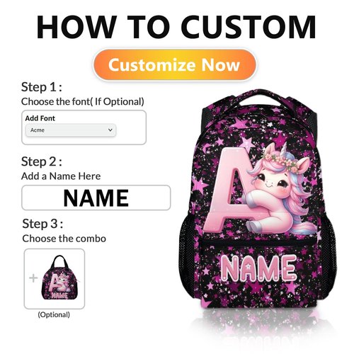 Kids Backpack, Custom Cute Unicorn Bookbag for Girls 6-8, Initial Gift for Birthday, 17 Inch Leisure Monogram Backpack for School Preschool Elementary Kindergarten