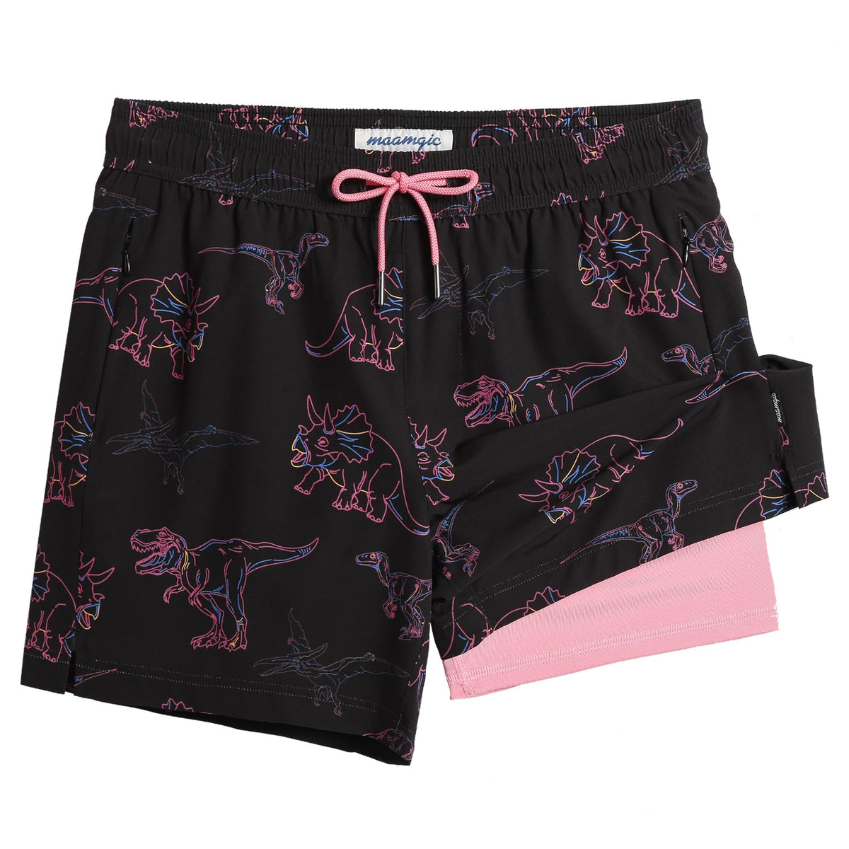 maamgic Mens Swim Trunks with Compression Liner 5 Inch, Quick Dry Bathing Suit with Zipper Pockets, Stretch No-Chafing Swim Shorts, Black-Pink Dinosaur X-Small