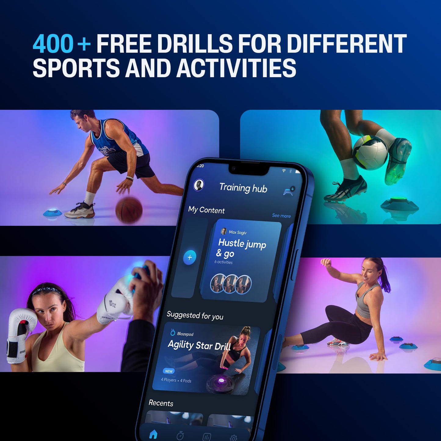 BlazePod Reaction Training Smart Pods for Speed, Agility & Cognitive Drills - Starter Bundle - App Access Included (4 Pods + 4 X Pod Bases, Functional Adaptors, Suction Cups, Straps)
