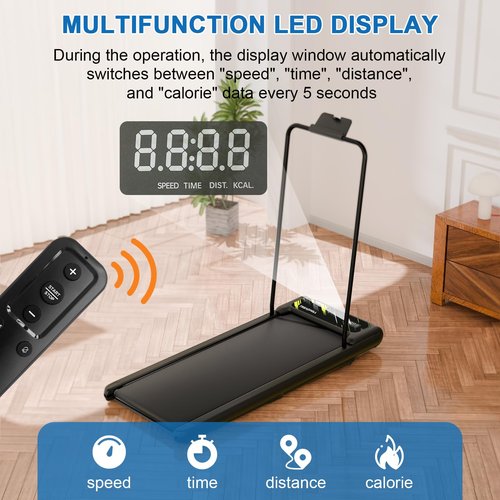 SEVOBAL Treadmill with Handles, Folding Foldable Electric Treadmills for Home Small, Under Desk Treadmill with Remote Control LED Display, 2.5HP Walking Pad with Handle Bar, 270LBS Capacity, Black