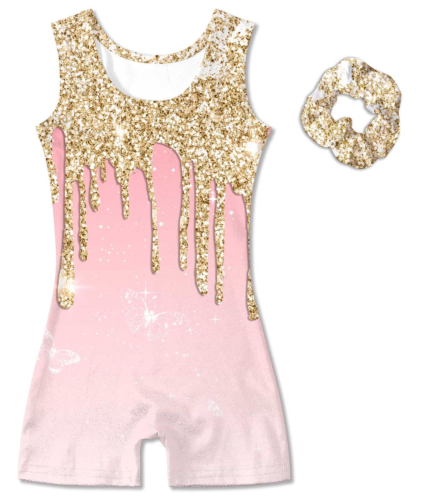 Vogseek Sparkly Gymnastics Leotards for Girls 7 8 Years Cute Pink Golden Shiny Ballet Dance Unitards Biketards with Hair Scrunchie Kids Tumbling Shorts Activewear Clothes, Pink Golden