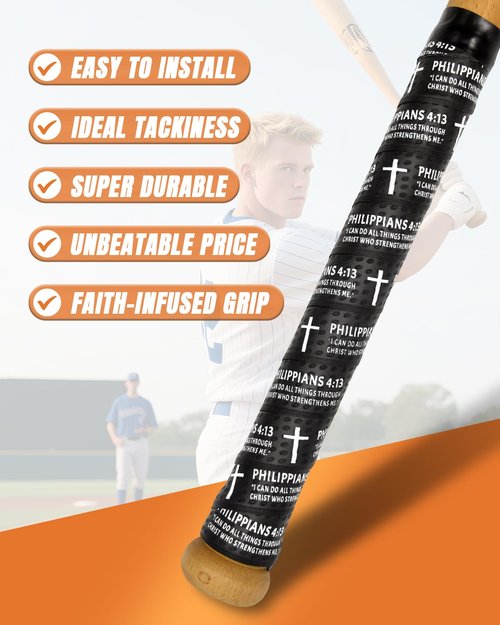 Piemow Baseball Bat Grip Tapes, Faith Cross Bat Grip Tape, 1.5mm Precut and Full Adhesive Baseball Wrist Tape, Scripture Designs Non-Slip Religious Baseball Grip Tapes for Sports