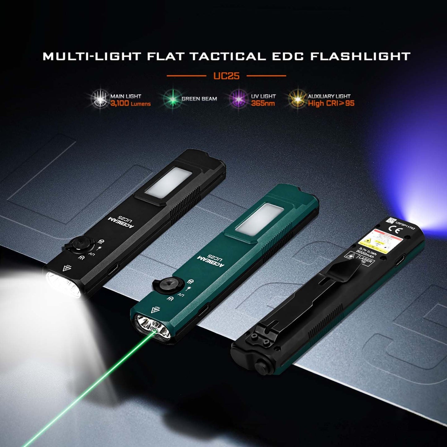 ACEBEAM UC25 3100 High Lumens Tactical EDC Flat Flashlight with Green Beam, UV, White LED and Auxiliary Light Combo, Rechargeable Pocket Flashlight, Teal Color