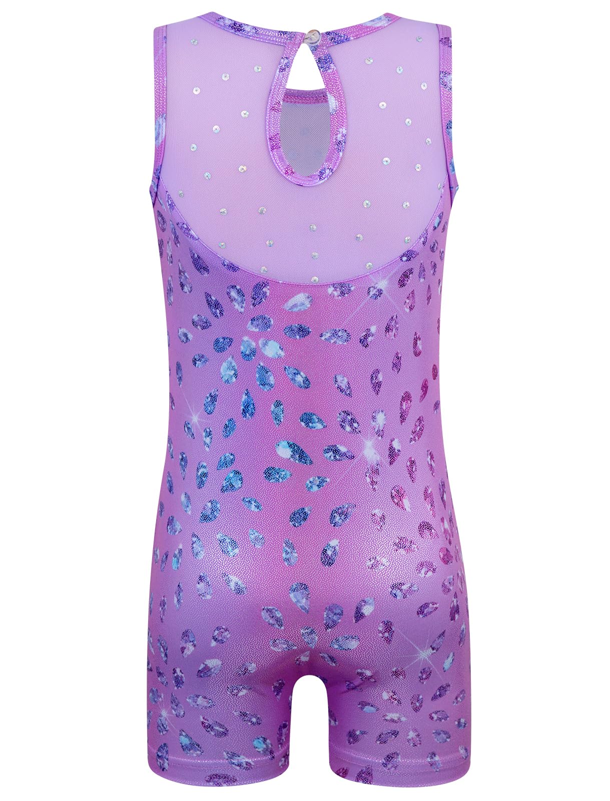 HOZIY Gymnastics Leotards for Girls Mesh Neckline with Iridescent Rhinestones Back Cut Out Sleeveless Size 5-6 Years Purple Diamonds Biketard Shorts Tumbling Outfits Toddler Kids Sparkly Shiny