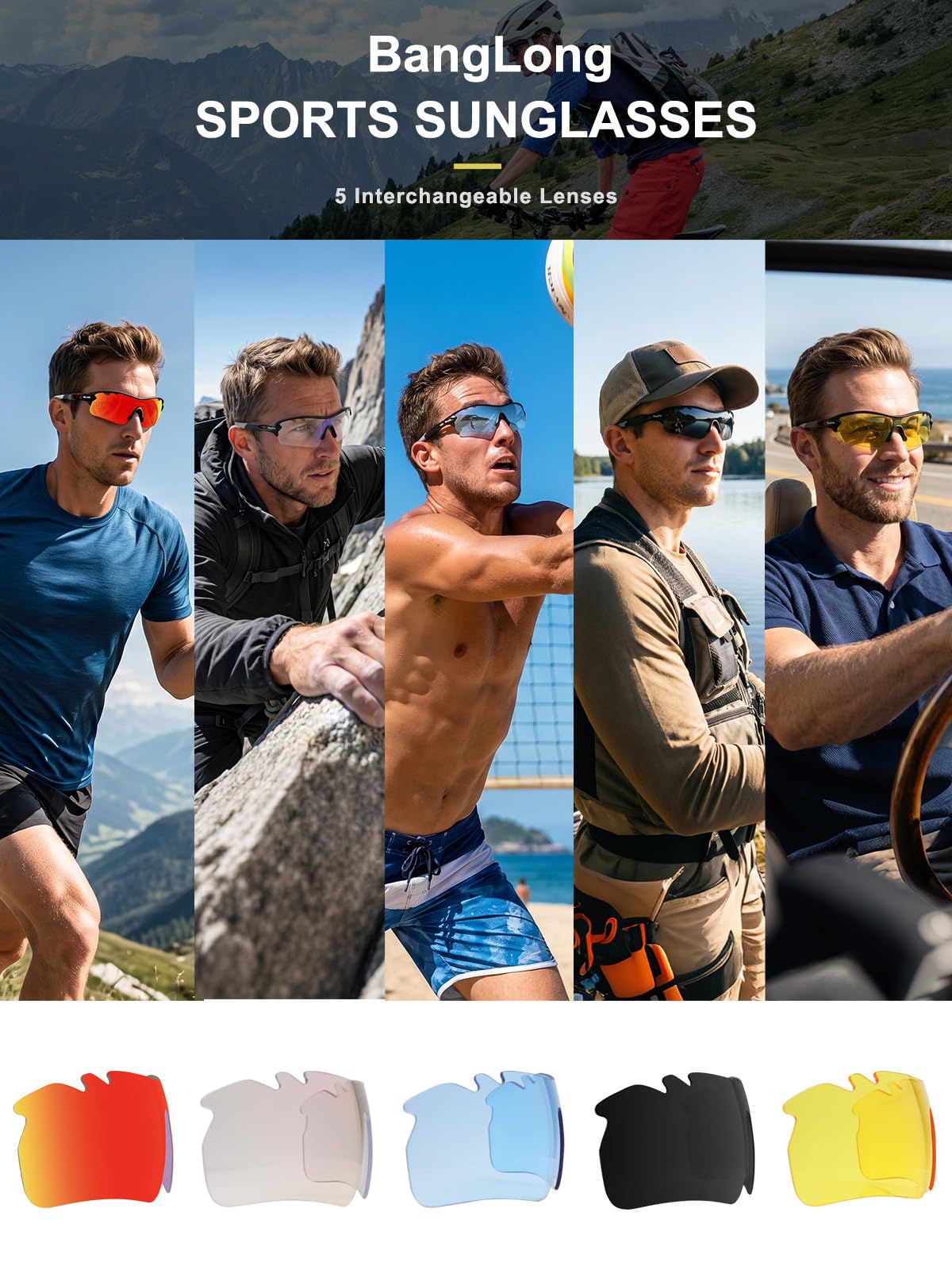 BangLong Polarized Cycling Sunglasses for Men Women, 26g Sports Sunglasses with 5 Interchangeable Lenses, UV400 Lightweight Bike Glasses with Prescription Insert for Running Fishing Baseball Driving