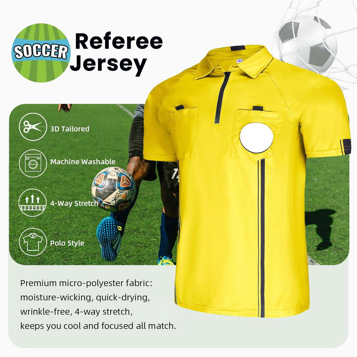 CUTIEHON Soccer Referee Jersey, Short Sleeve Official Pro Referee Shirt, Featuring a Badge Holder & Pockets Yellow