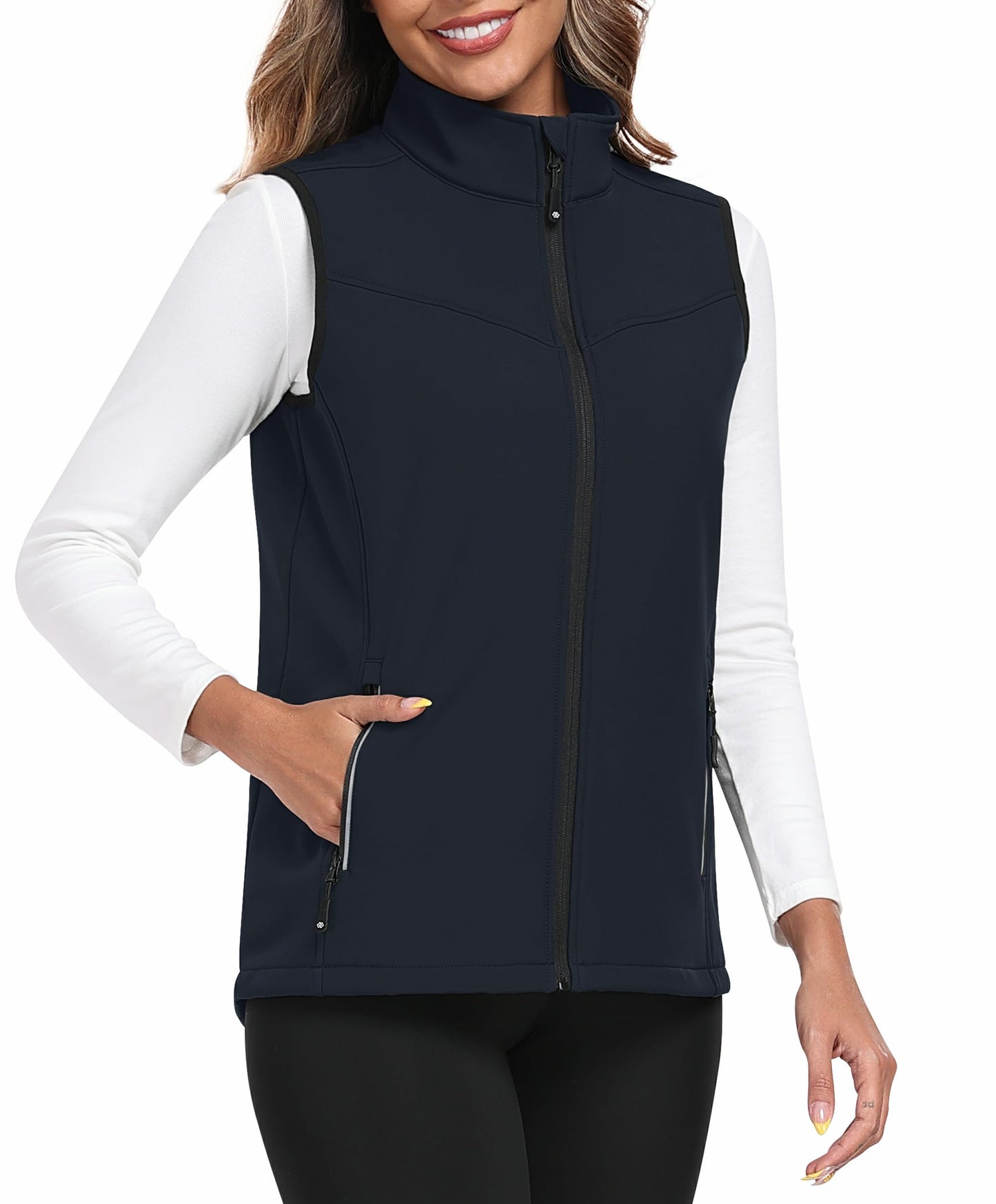 MoFiz Women's Fleece Lined Softshell Vest Windproof Lightweight Insulated Sleeveless Jacket Full Zip Running Vest Navy M