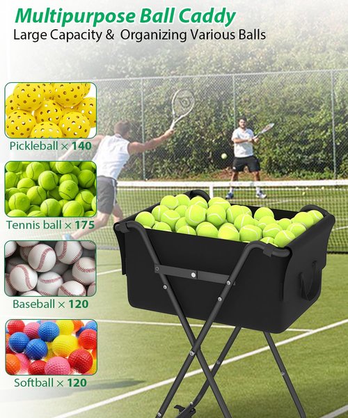 Ardier Foldable Tennis Ball Hopper Cart with Wheels, Portable Pickleball Holder Caddy Holds 175 Tennis Balls or 140 Pickleballs, Lightweight Baseball Basket Collector for Court Training & Coaching,B