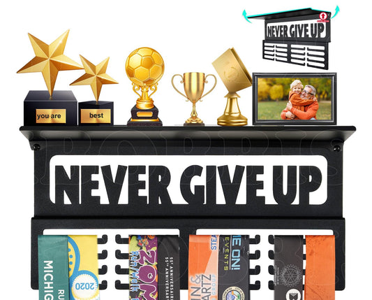 iBobbish Non-Slip Medal Hanger Display Trophy Shelf,NEVER GIVE UP Medal Hanger Display For Wall with 16inchL 4 Rows,Race Medal Display Upgraded Medal Holder Display For gymanstics,race,soccer,swim