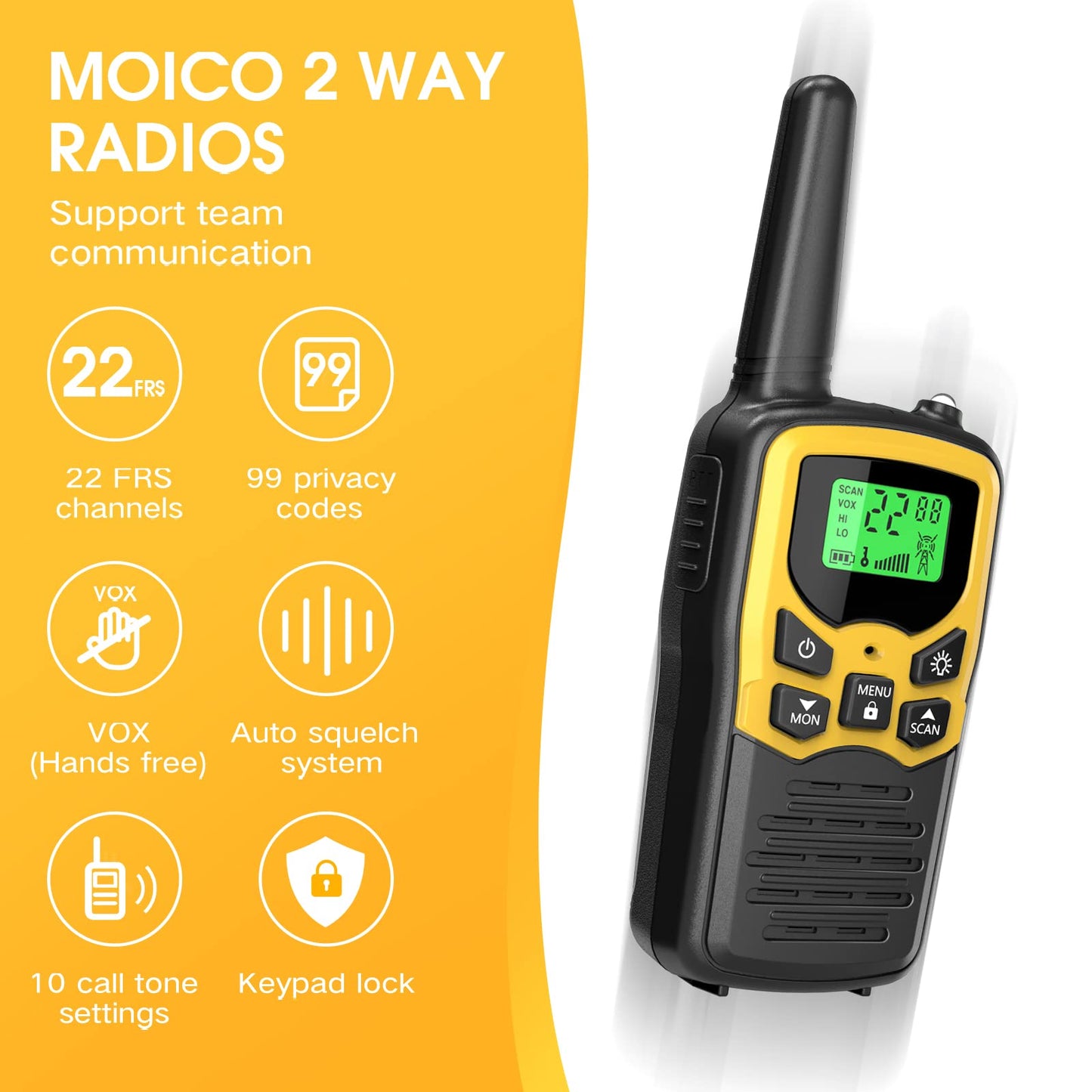 Walkie Talkies,MOICO Long Range Walkie Talkies for Adults Two-Way Radios with 22 Channels FRS VOX Scan LCD Display with LED Flashlight for Field, Survival Biking Hiking Camping 2 Pack (Yellow2)