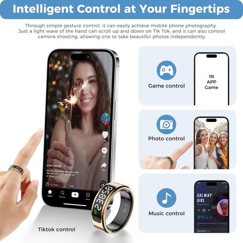 Smart Ring Fitness Tracker for Men Women - Ring with Touchscreen Display for Activity, Sleep & Heart Rate Tracking, Step Counter, Remote Phone Control, IP68 Water Resistant, 7-Day Battery Gold #09