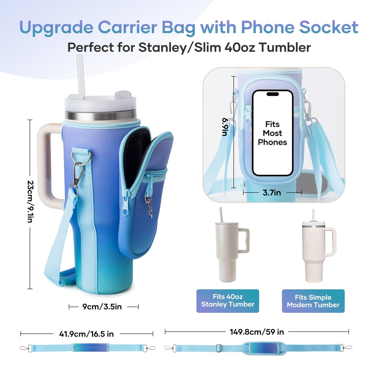 linmaya Water Bottle Carrier Bag for Stanley Cup 40/30oz with Phone Holder Pockets,Neoprene Water Bottle Cross-body Bag with Adjustable Shoulder & Hand Strap Stanley Cup Accessories