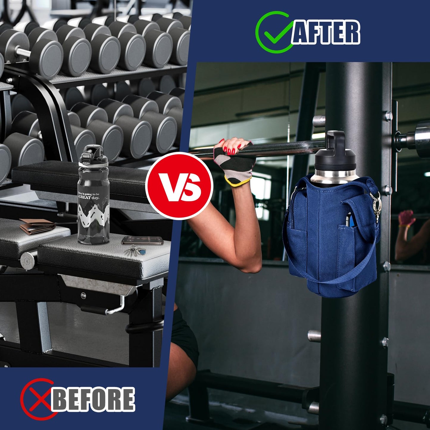 icolor Magnetic Gym Bag Water Bottle Carrier Holder with Phone Pockets & Strap,Nylon Gym Magnetic Bag 5 Built-in Magnets Gym Accessories Organizer Bottle Pouch Sleeve for Men Women (Navy Blue)