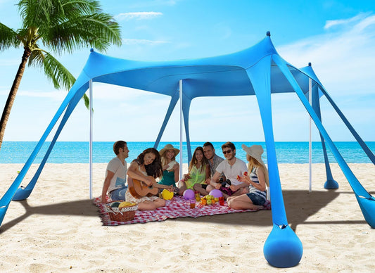 10x10ft Beach Tent Sun Shelter with UPF 50+ UV Protection, Beach Canopy Tent with 8 Sandbags, 4 Stability Poles, 8 Ground Pegs for Camping, Fishing, Picnics, Backyard Fun (Sky Blue)