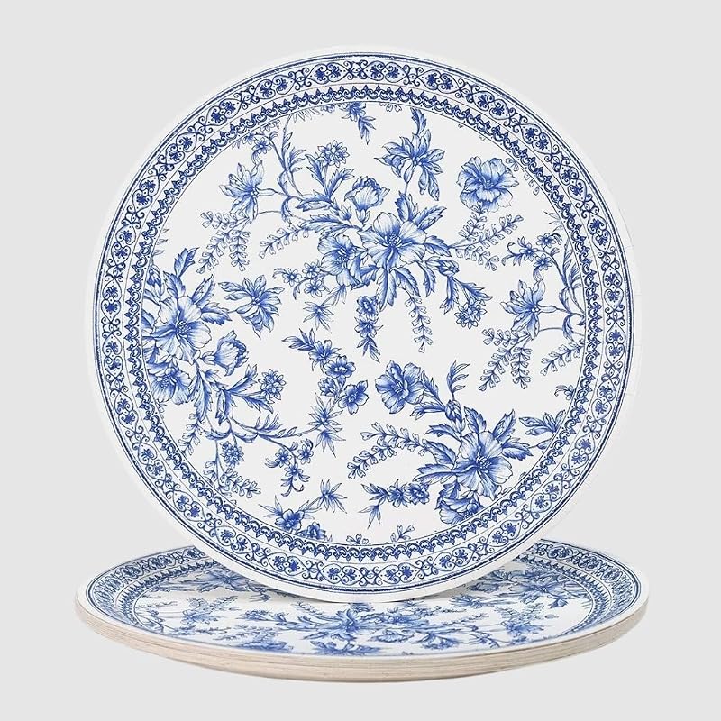 Blue & White Floral Paper Plates (Set of 10) 9.25” - Coterie Toile Floral Party Plates, Blue