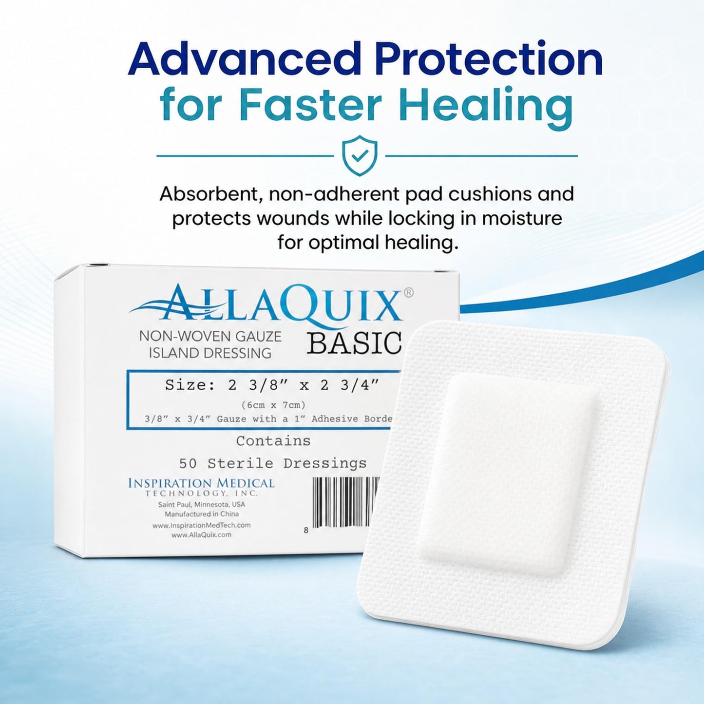AllaQuix Basic Sterile Gauze Island Dressing 4"x8" Adhesive Border Pads (25 Count) – Non-Stick Wound Dressing for Surgical Aftercare, Incisions, Large Cuts, First Aid, and Light Draining Wounds