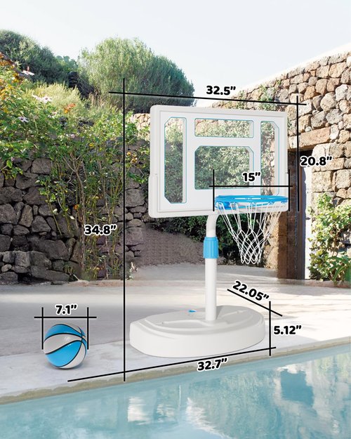 Swimming Pool Basketball Hoop, Stainless Steel Adjustable Poolside Basketball Goals System with 32 Inch Shatterproof Backboard, 2 Balls & Pump Included