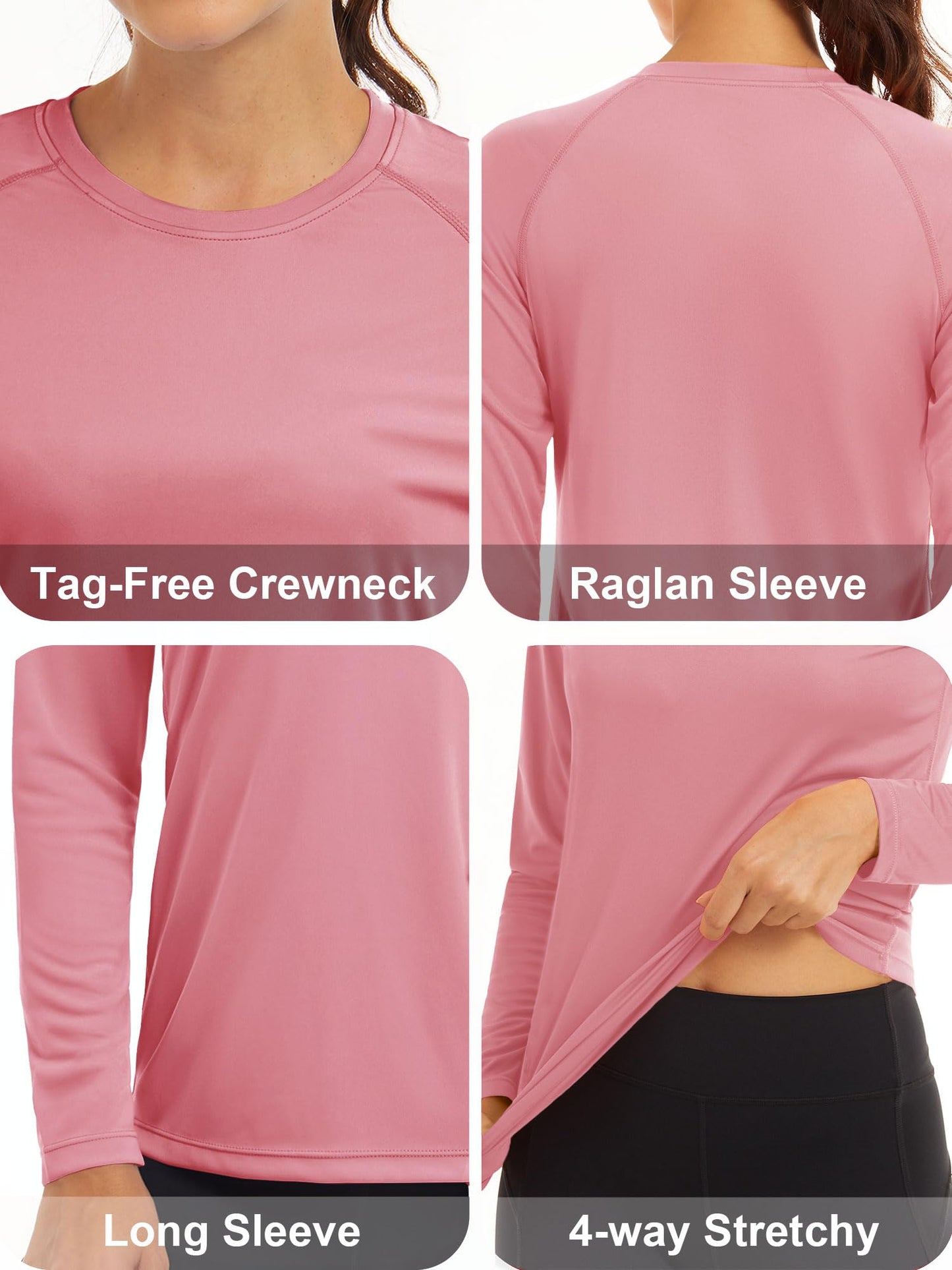 MAGCOMSEN Athletic Shirts for Women T Shirts for Women Long Sleeve Shirts UV Shirts Summer Workout Shirts Running Shirts Women Grey Pink