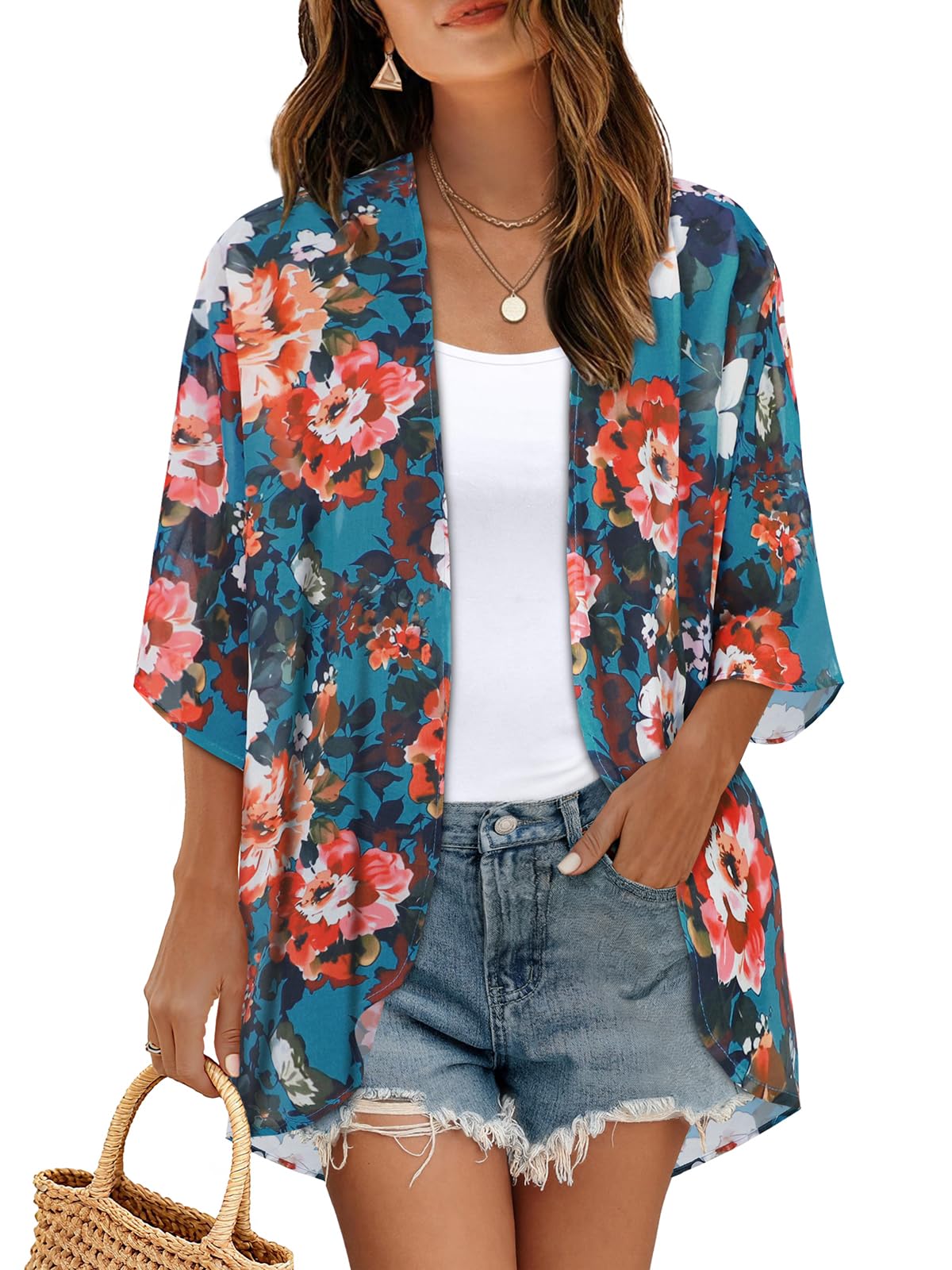 Women's Floral Kimono Print Puff Sleeve Loose Cardigan Cover Up Casual Blouse Summer Tops (Blue Red Floral, 3XL)